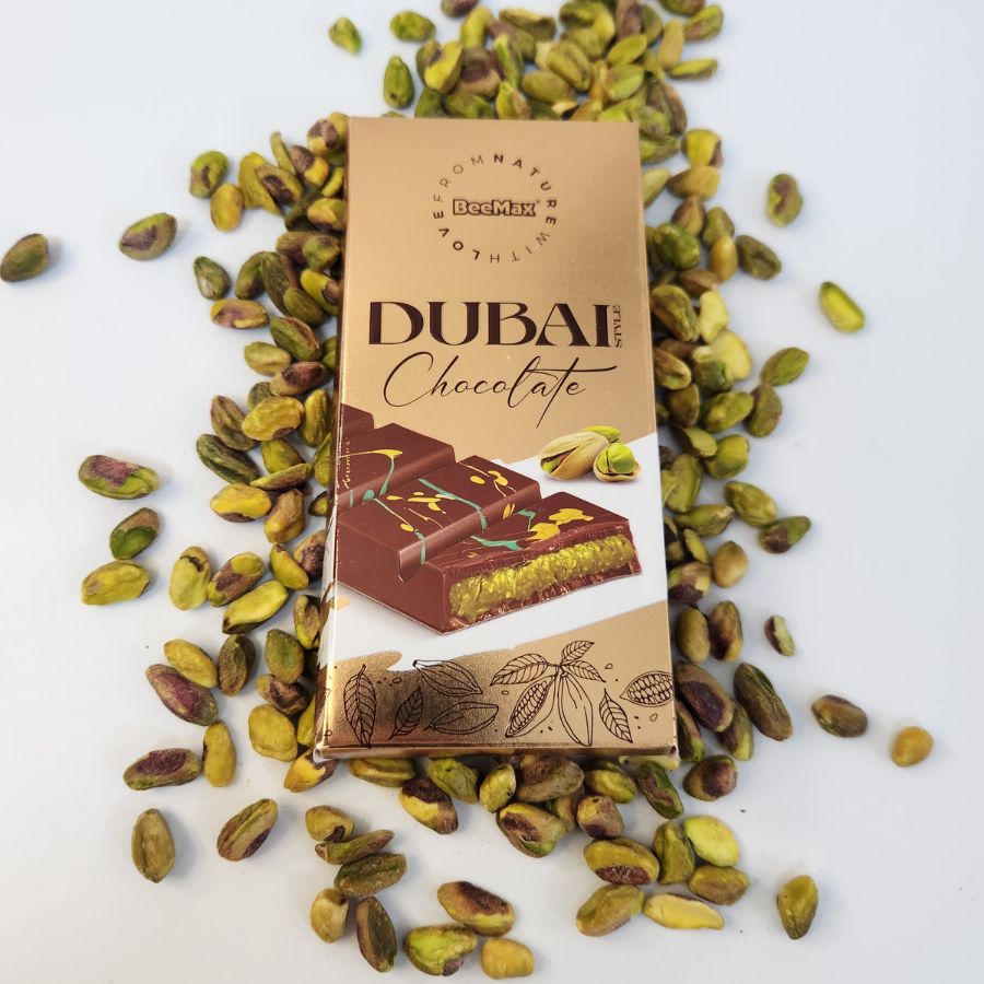 Golden Dubai Chocolate Bar in Custom Blue Box – Perfect for Dad