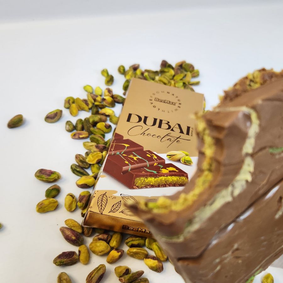 Golden Dubai Chocolate Bar in Custom Blue Box – Perfect for Dad