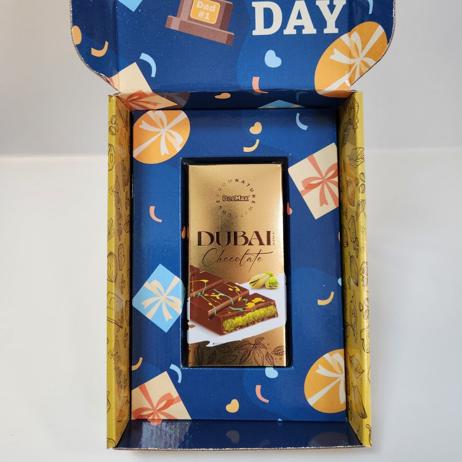 Golden Dubai Chocolate Bar in Custom Blue Box – Perfect for Dad