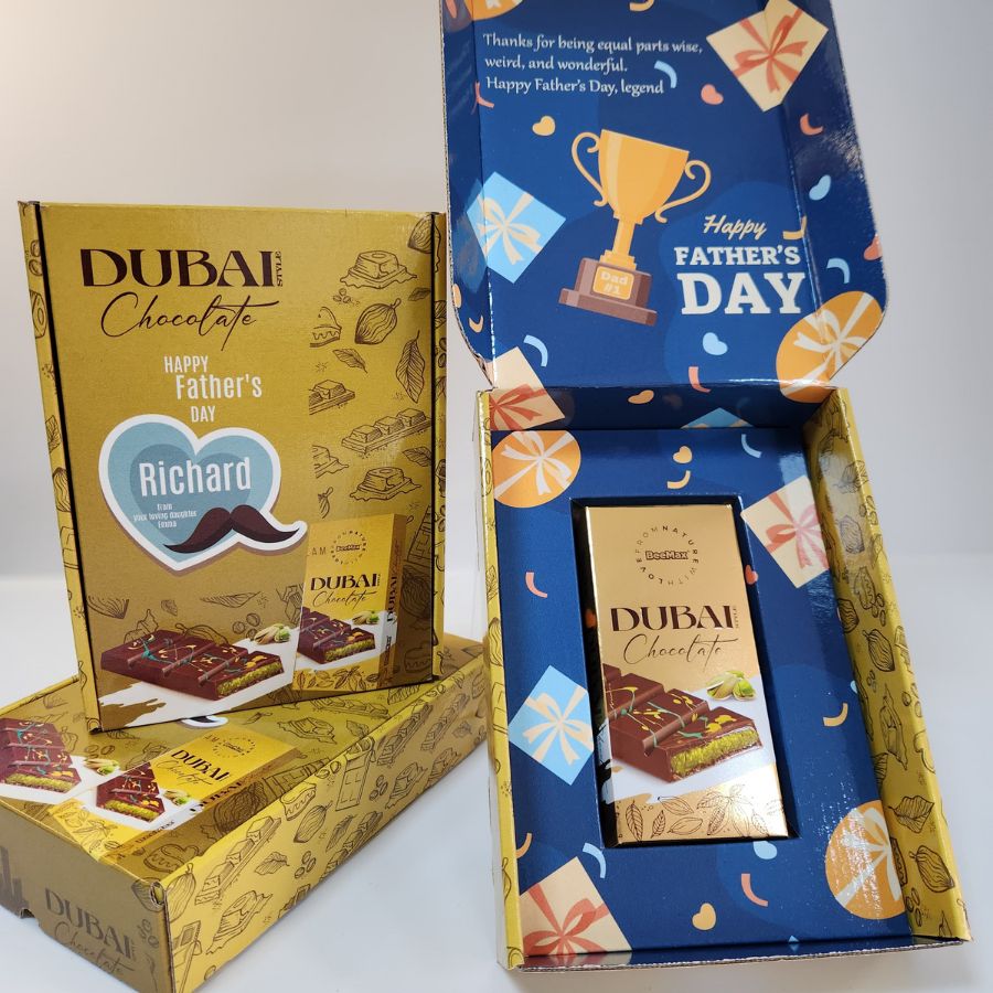 Golden Dubai Chocolate Bar in Custom Blue Box – Perfect for Dad