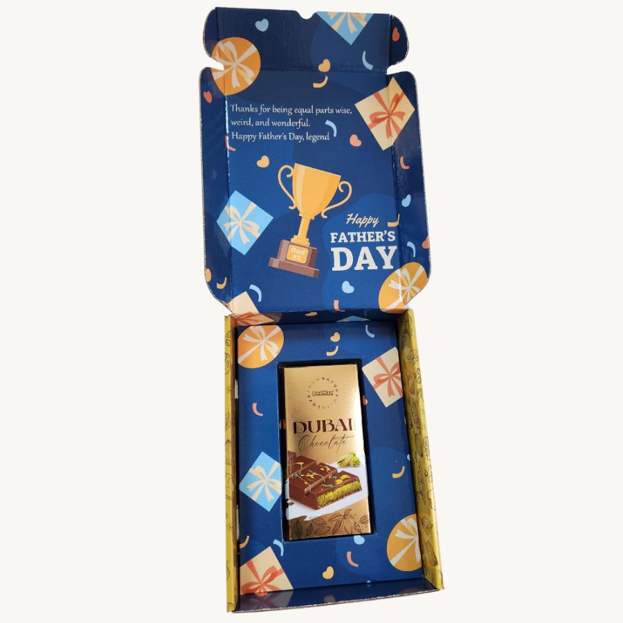Golden Dubai Chocolate Bar in Custom Blue Box – Perfect for Dad