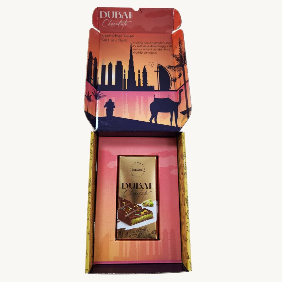 Golden Dubai Chocolate Bar in Custom Gift Box – Perfect for Dad