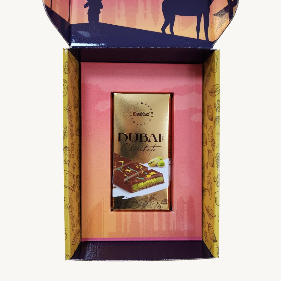 Golden Dubai Chocolate Bar in Custom Gift Box – Perfect for Dad