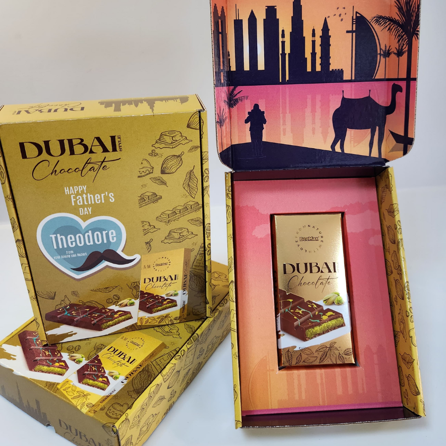 Golden Dubai Chocolate Bar in Custom Gift Box – Perfect for Dad