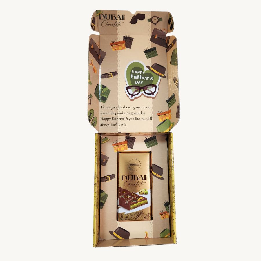 Golden Dubai Chocolate Bar in Custom Moustache Box – Perfect for Dad