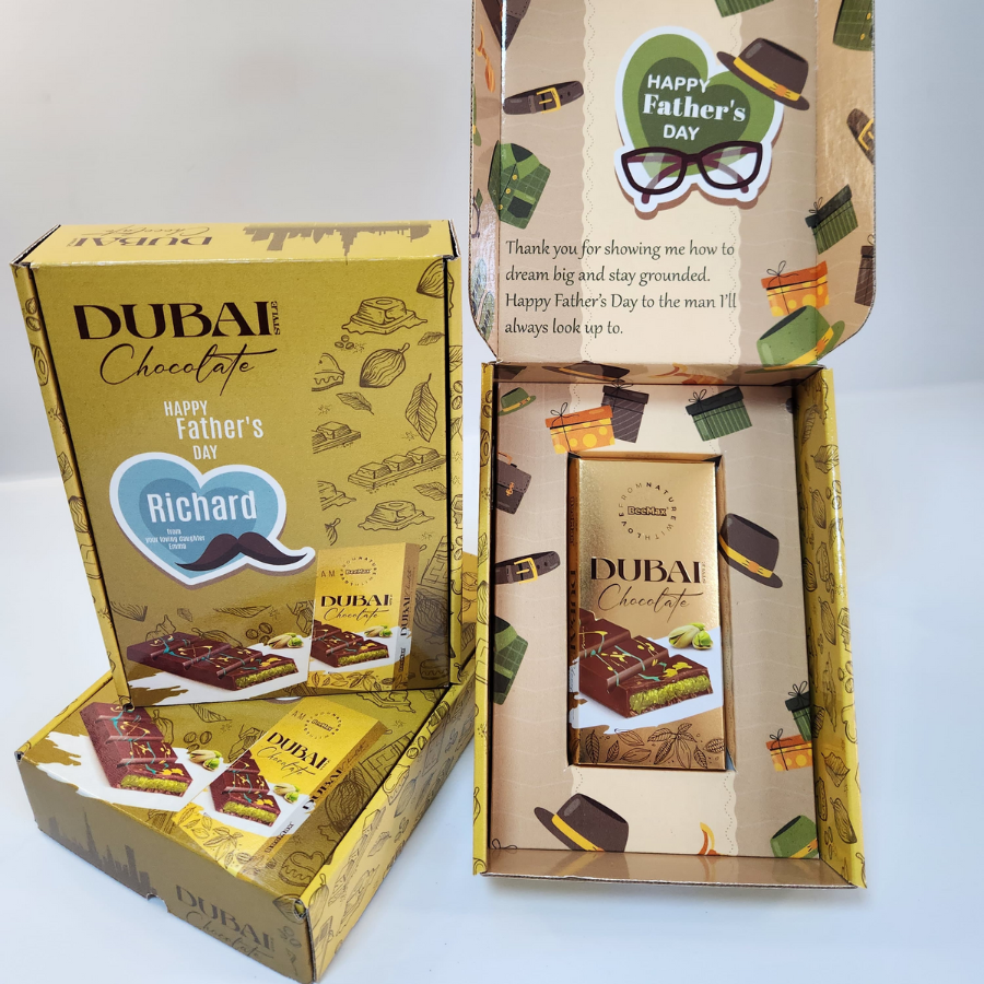 Golden Dubai Chocolate Bar in Custom Moustache Box – Perfect for Dad
