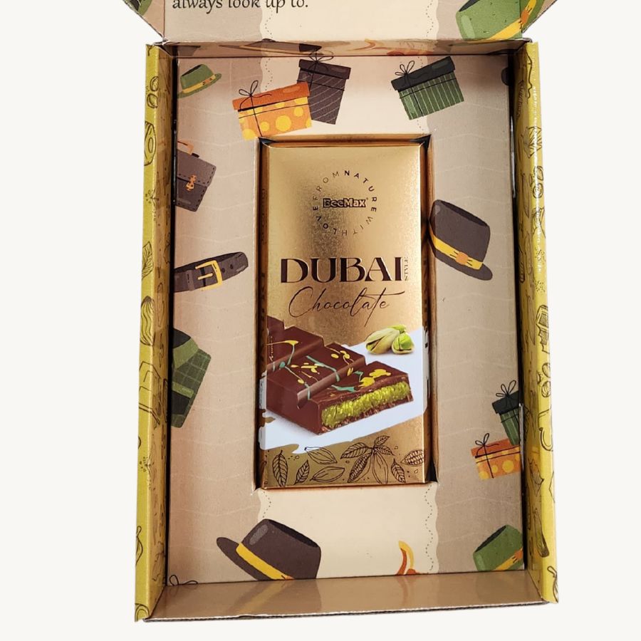 Golden Dubai Chocolate Bar in Custom Moustache Box – Perfect for Dad