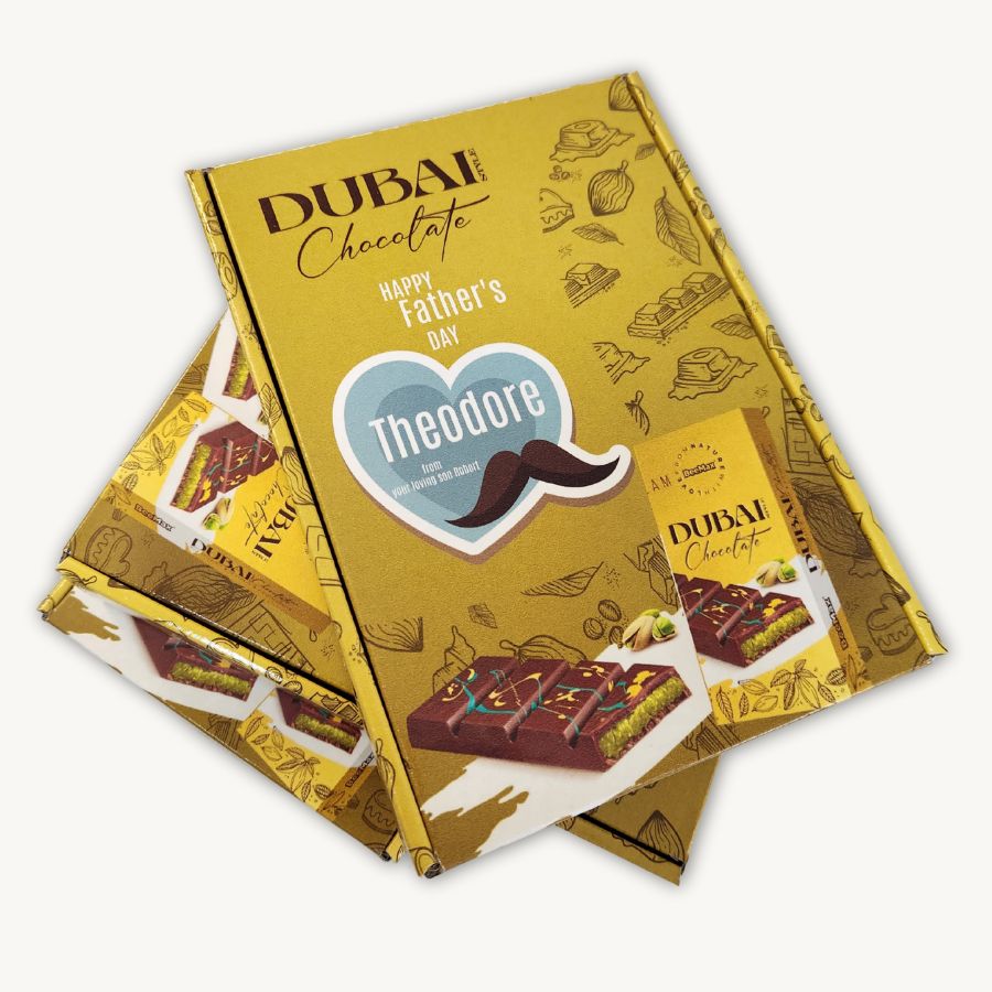 Golden Dubai Chocolate Bar in Custom Blue Box – Perfect for Dad